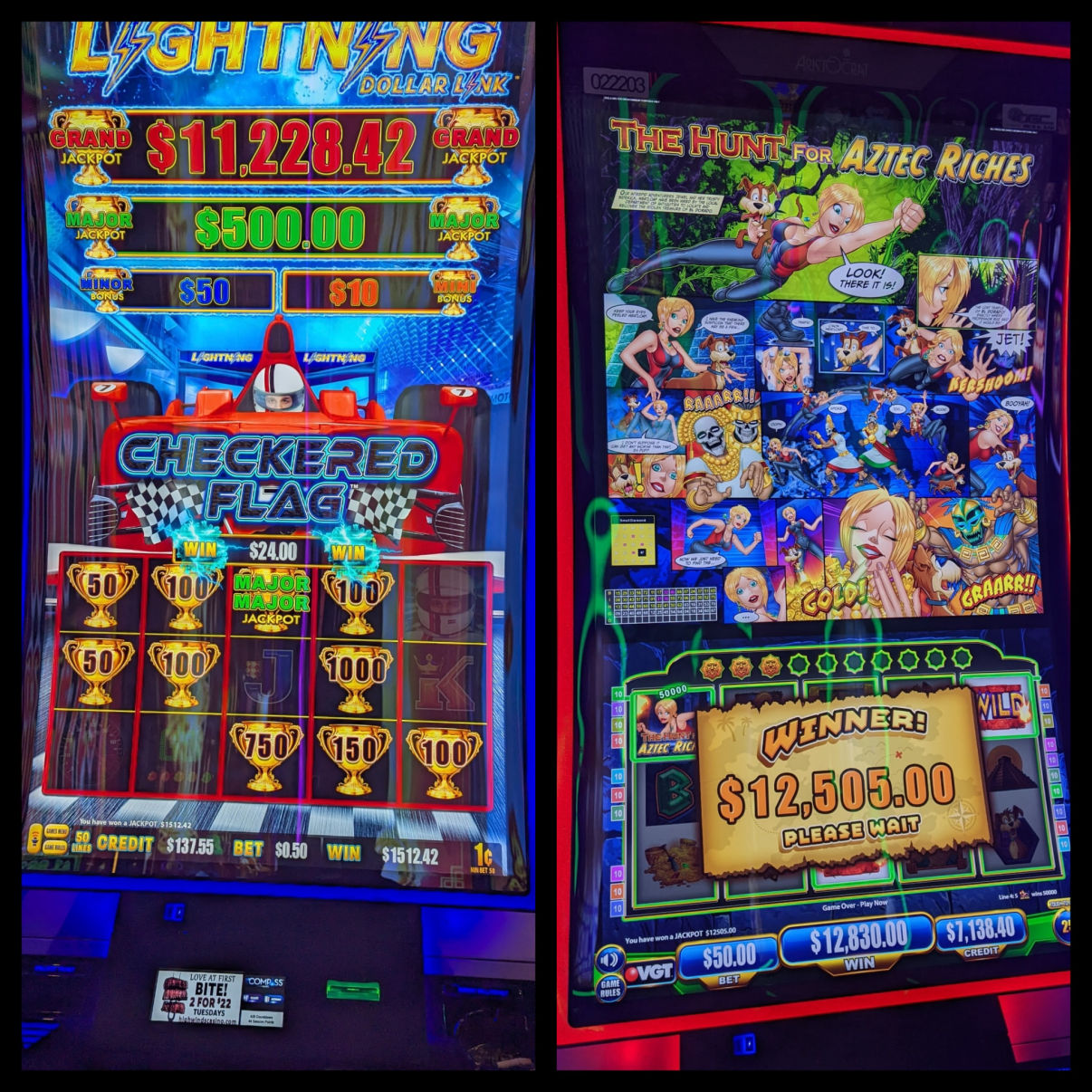 Two slot machine jackpot wins side by side. On the left, a Lightning Dollar Link Checkered Flag machine shows a $500 Major Jackpot with a $0.50 bet and total win of $1,512.42. On the right, The Hunt for Aztec Riches slot displays a big win screen announcing $12,505.00 on a $50 bet.