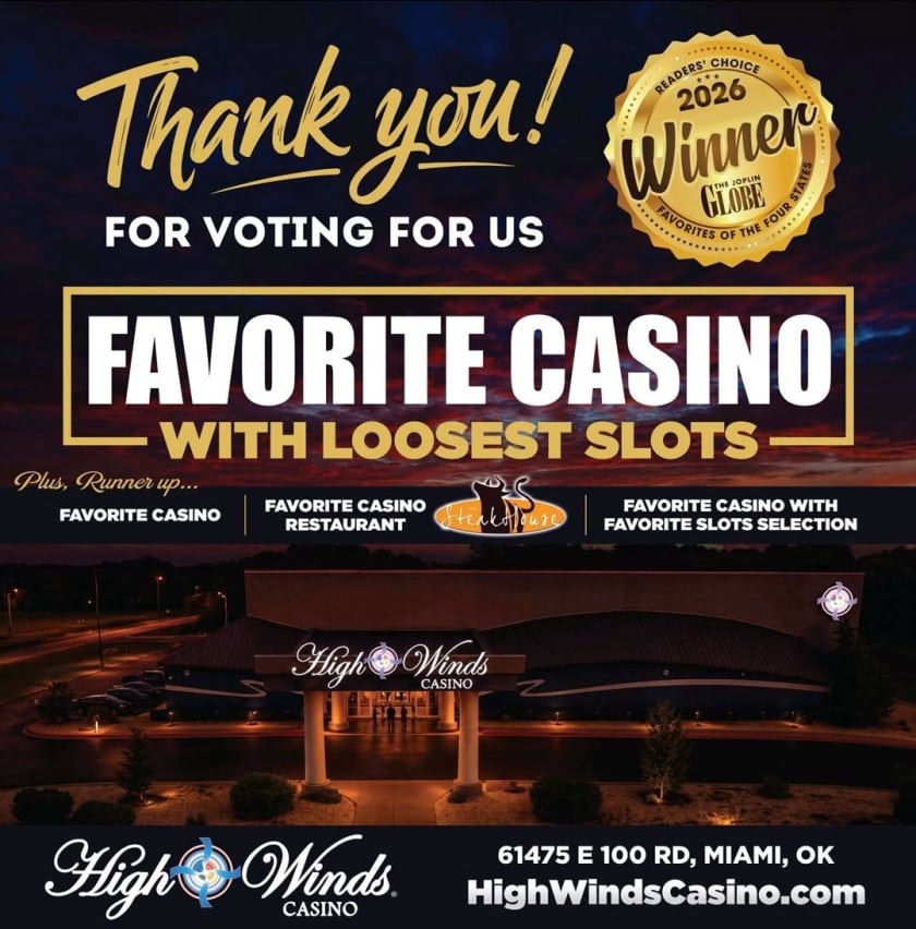 High Winds Casino in Miami, Oklahoma, voted the 2026 Favorite Casino with the Loosest Slots in The Joplin Globe Readers’ Choice Favorites of the Four States awards.