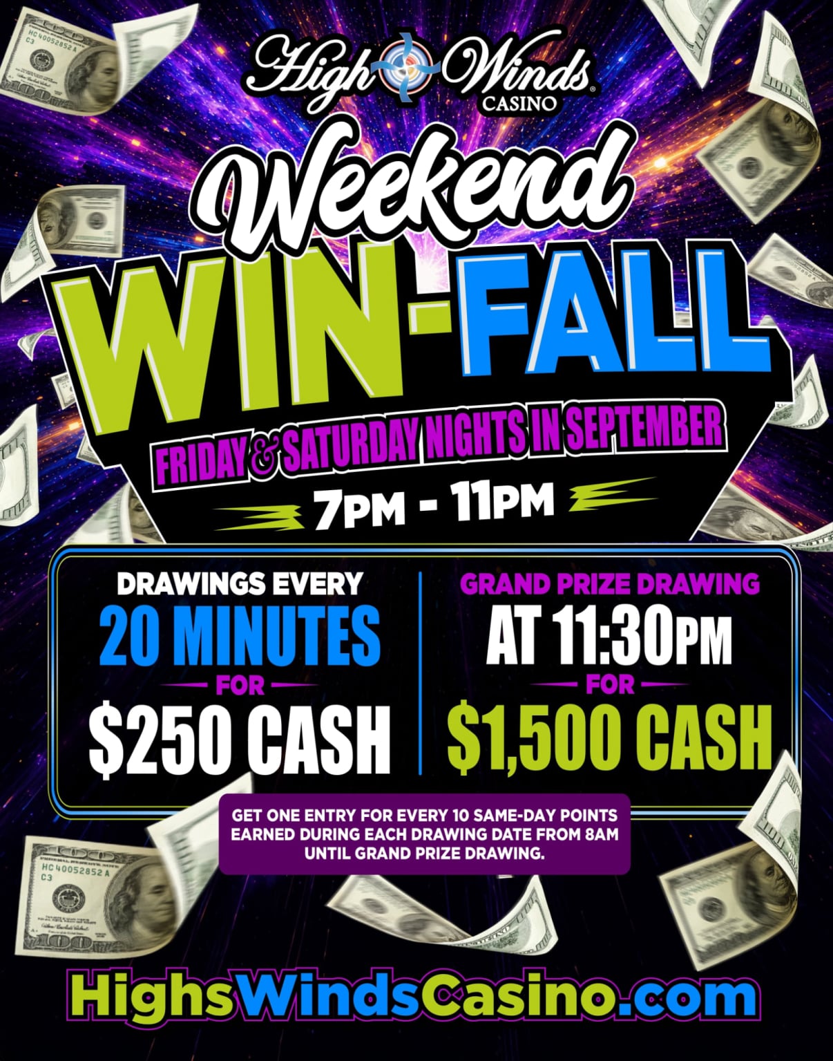 High Winds Casino Weekend WIN-FALL September promotion featuring swirling fall leaves and flying cash. Every Friday and Saturday, $250 cash drawings are held every 20 minutes from 7 PM to 11 PM, followed by a $1,500 cash grand prize drawing at 11:30 PM. Players earn one entry for every 10 same-day points beginning at 8 AM each drawing day through the grand prize drawing.