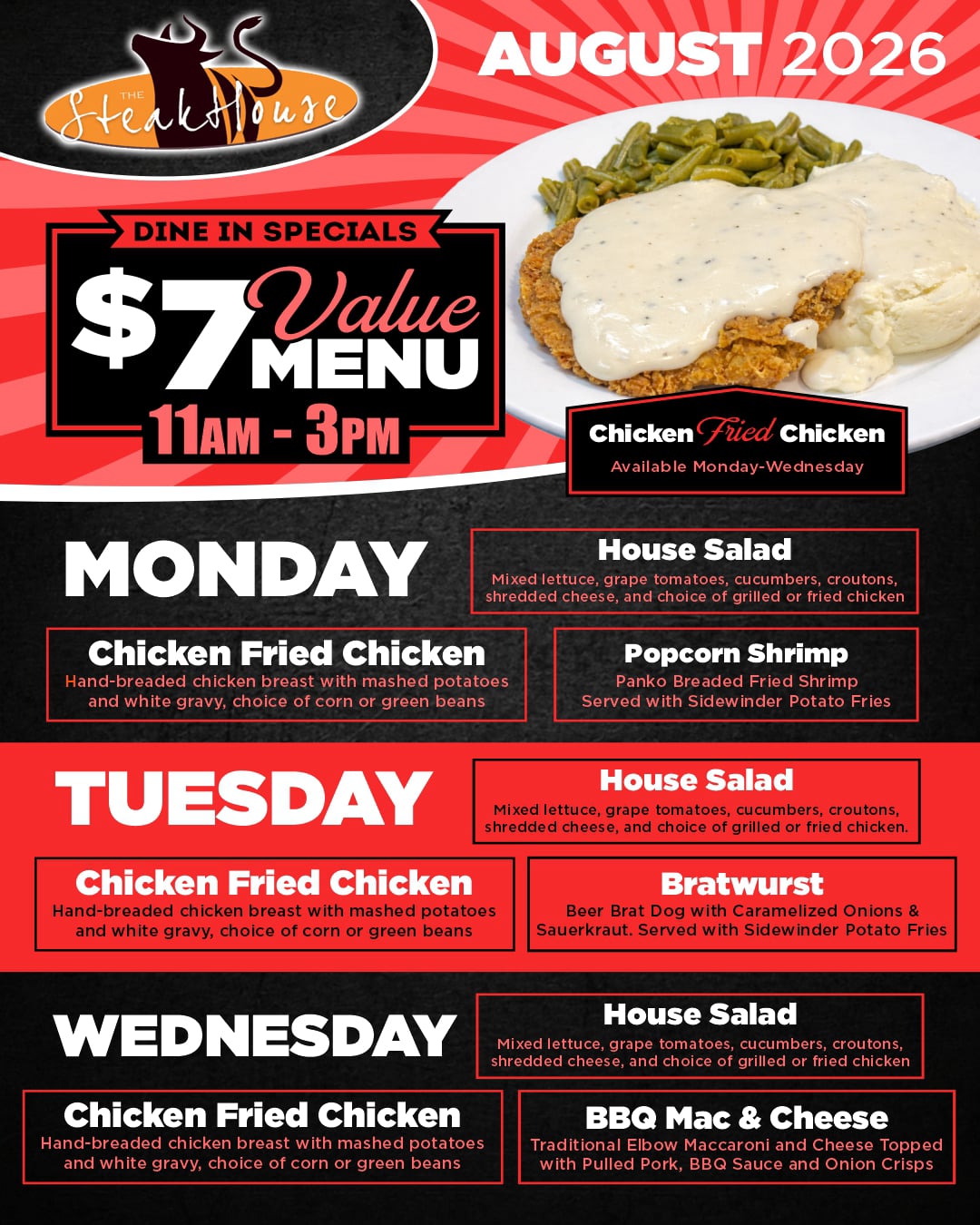 **Alt Text:**  August 2026 Steakhouse lunch specials at High Winds Casino featuring a $7 Value Menu available Monday through Wednesday from 11 AM to 3 PM. Featured image shows hand-breaded chicken fried chicken topped with white gravy, mashed potatoes, and green beans. Monday specials include Chicken Fried Chicken, House Salad with grilled or fried chicken, and Popcorn Shrimp. Tuesday features Chicken Fried Chicken, House Salad, and Bratwurst with caramelized onions, sauerkraut, and sidewinder fries. Wednesday offers Chicken Fried Chicken, House Salad, and BBQ Mac & Cheese topped with pulled pork, BBQ sauce, and onion crisps. Located just east of Miami, Oklahoma.