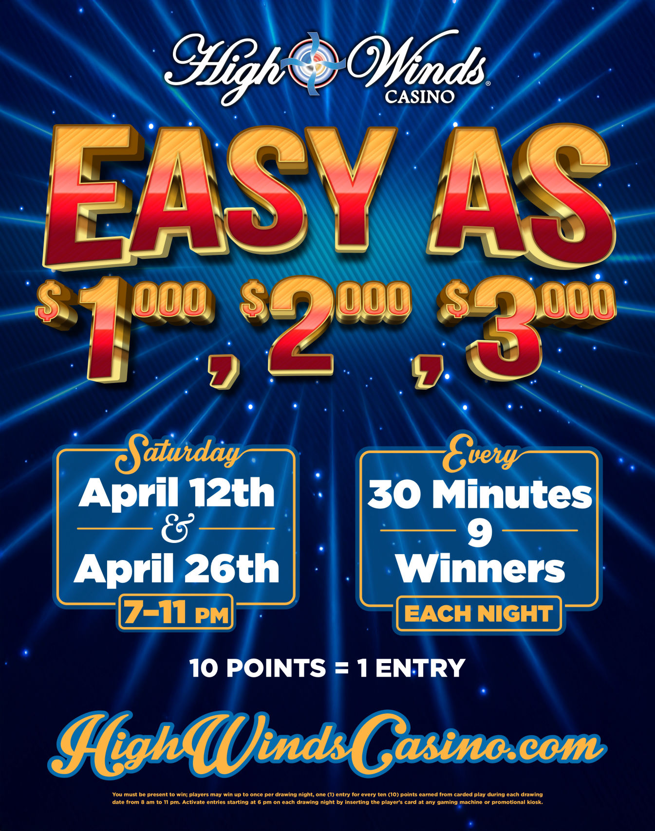 Promotional poster for High Winds Casino’s “Easy As 1-2-3” giveaway. Features large gold and red text with dollar amounts: $1,000, $2,000, and $3,000. Event dates are Saturday, April 12th and April 26th from 7 PM to 11 PM. Nine winners will be drawn each night, with drawings every 30 minutes. Players earn one entry for every 10 points earned. The High Winds Casino website is listed at the bottom: HighWindsCasino.com. Background is blue with light rays radiating outward for a game show-style effect.