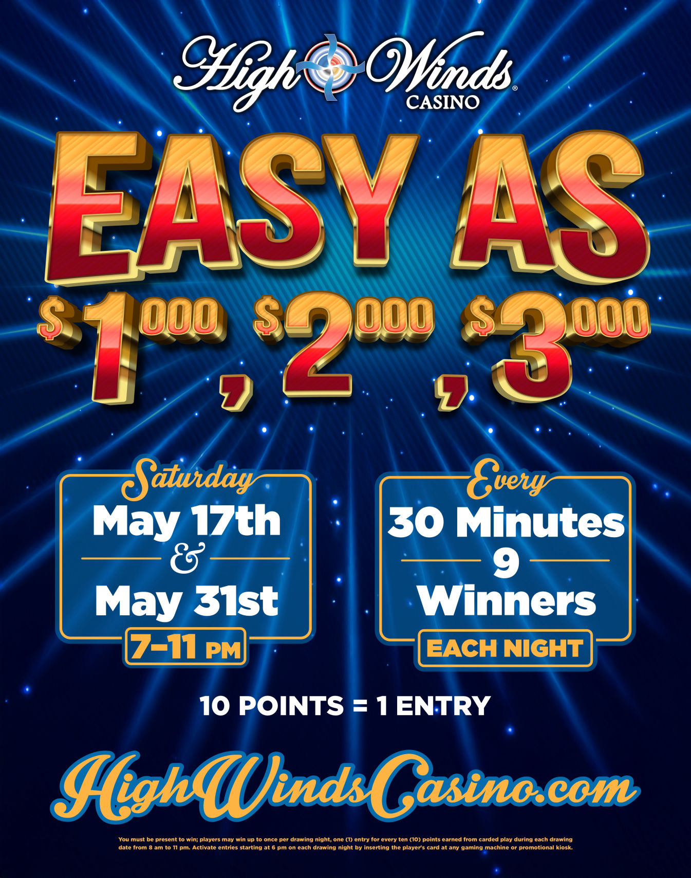 Promotional poster for High Winds Casino’s “Easy As 1-2-3” giveaway. Features large gold and red text with dollar amounts: $1,000, $2,000, and $3,000. Event dates are Saturday, April 12th and April 26th from 7 PM to 11 PM. Nine winners will be drawn each night, with drawings every 30 minutes. Players earn one entry for every 10 points earned. The High Winds Casino website is listed at the bottom: HighWindsCasino.com. Background is blue with light rays radiating outward for a game show-style effect.