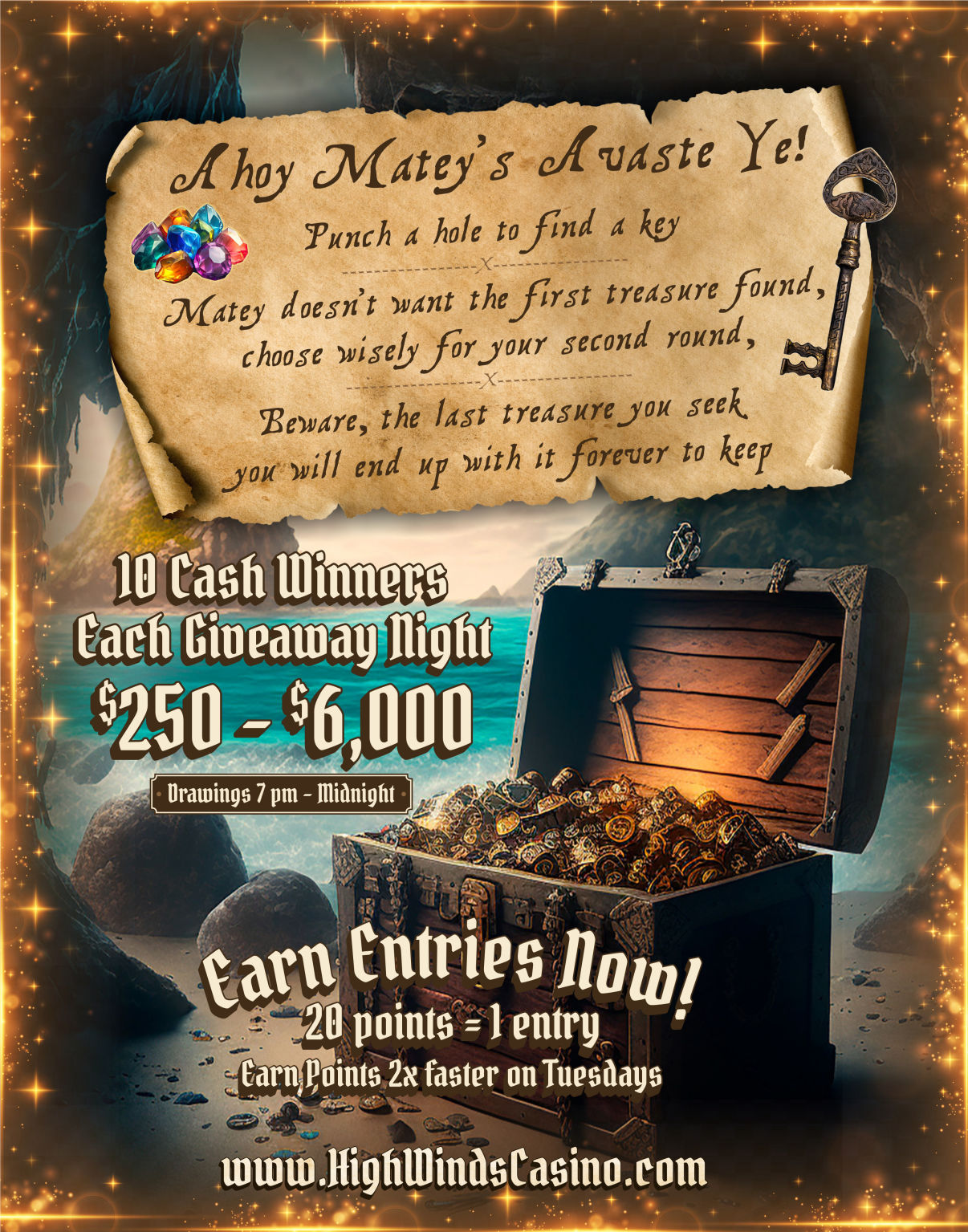A pirate-themed promotional poster for High Winds Casino’s 