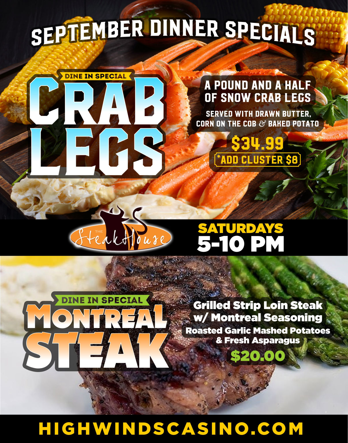 “High Winds Casino September Dinner Specials flyer. Top section shows snow crab legs served with corn on the cob and parsley garnish, advertising a dine-in special of one and a half pounds of crab legs with drawn butter, corn, and baked potato for $34.99, with option to add a cluster for $8. Bottom section features a grilled strip loin steak with asparagus and mashed potatoes, advertising a Montreal steak dinner with roasted garlic mashed potatoes and fresh asparagus for $20. Specials served Saturdays 5–10 PM at The Steakhouse.”