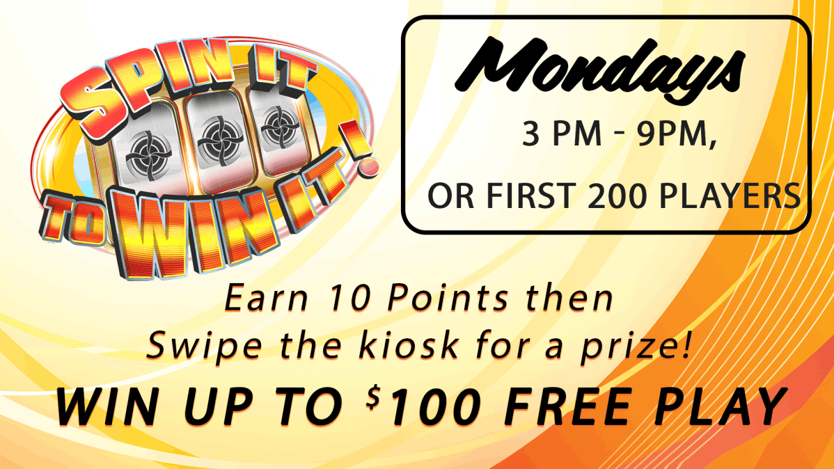 High Winds Casino 'Spin It to Win It!' promotion. Running on Mondays from 3 PM to 9 PM or until the first 200 players participate. Players earn 10 points and swipe the kiosk for a chance to win up to $100 in free play. The image features a vibrant gold and orange background with bold text highlighting the promotion details.